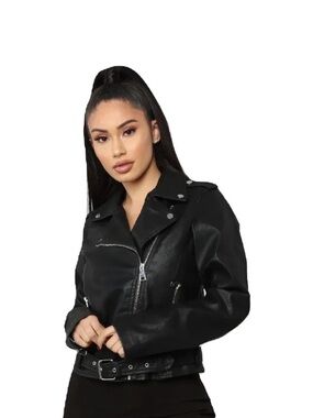 Black Faux Leather Moto Jacket with Belt